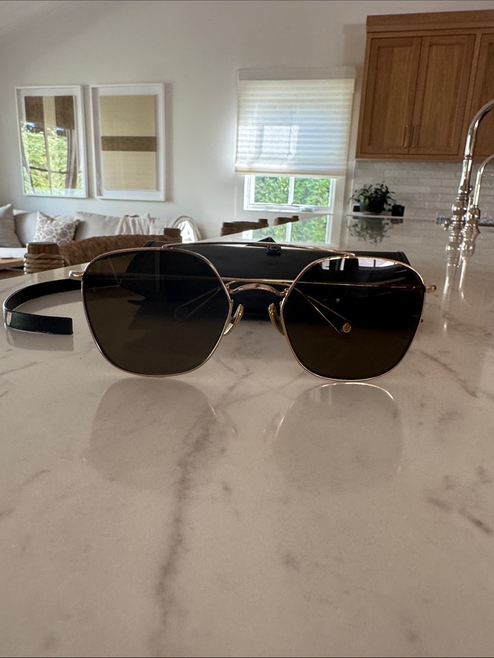 Ahlem Gold Metal Frameless-Style Women's Sunglasses with Dark Brown Lenses